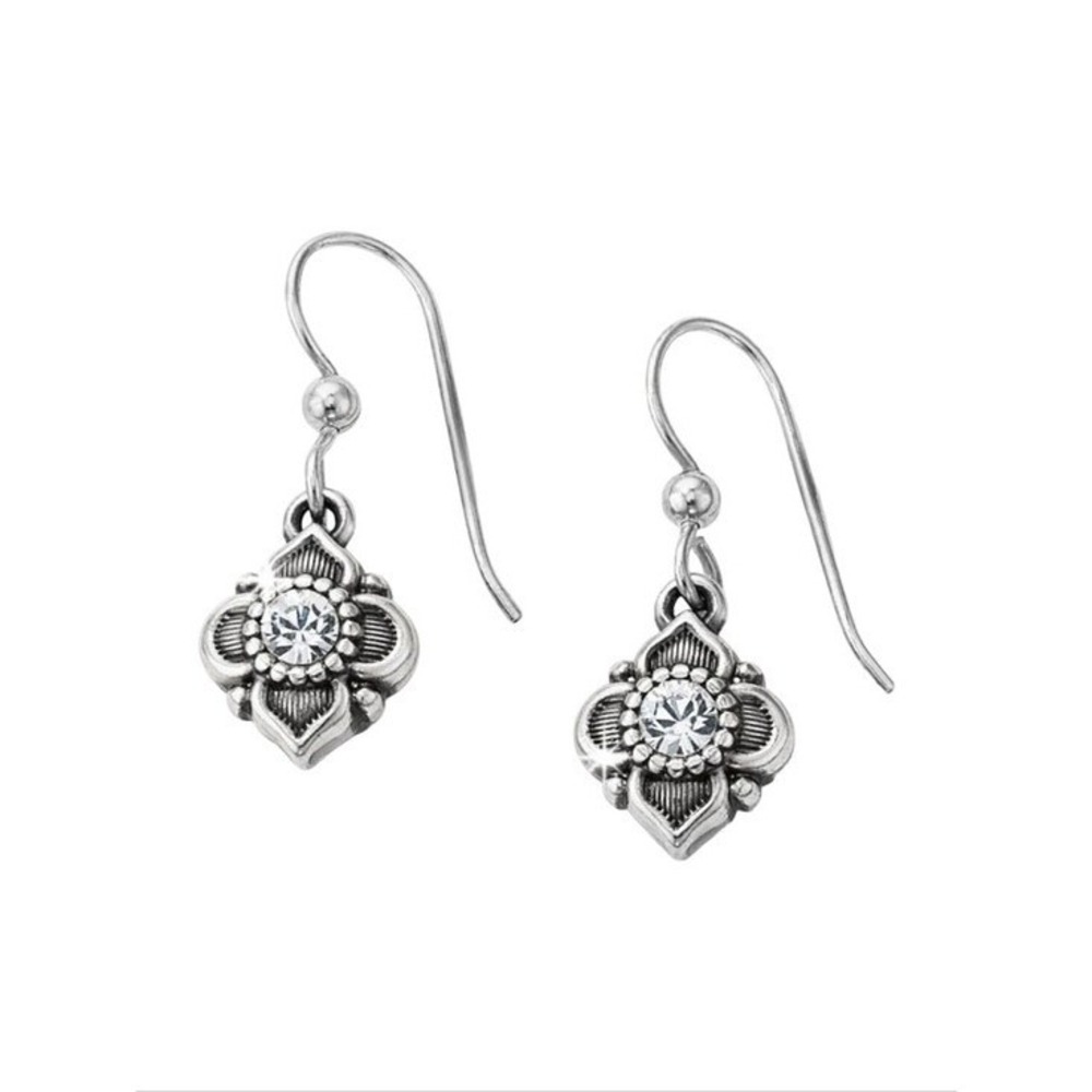 Brighton Alcazar Silver Tone Crystal Quatrefoil Floral Drop Earrings French Wire